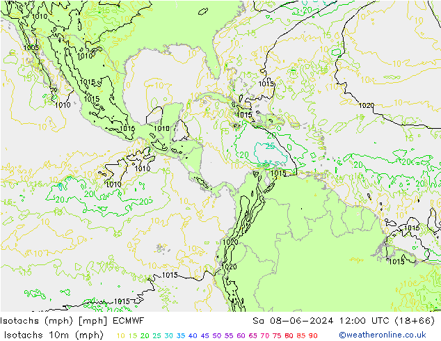 Isotachs (mph) ECMWF Sáb 08.06.2024 12 UTC