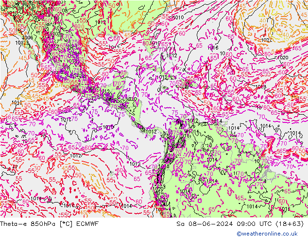 Theta-e 850hPa ECMWF sab 08.06.2024 09 UTC