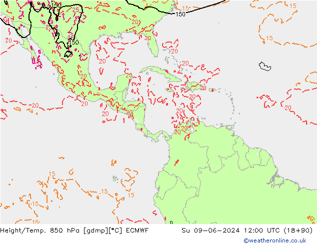 Yükseklik/Sıc. 850 hPa ECMWF Paz 09.06.2024 12 UTC