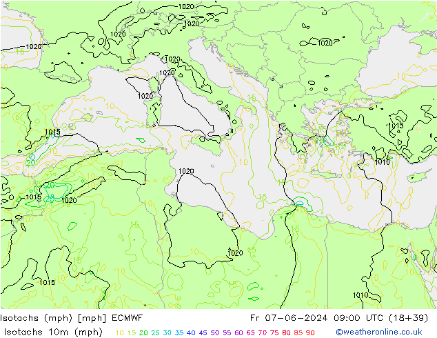 Isotachen (mph) ECMWF vr 07.06.2024 09 UTC