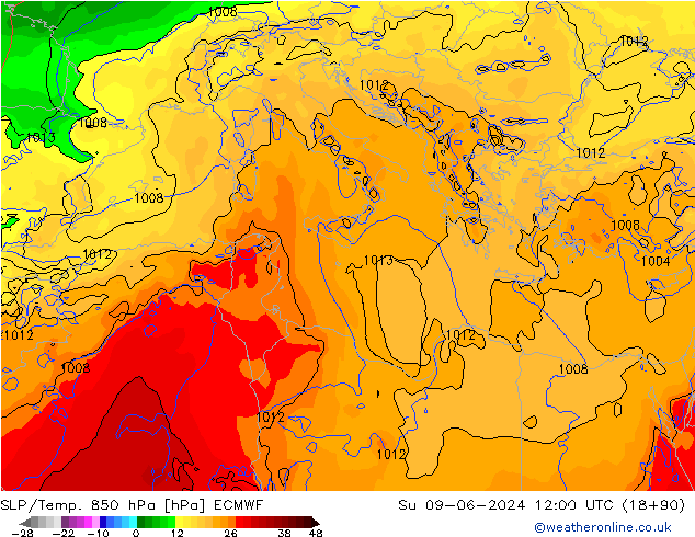 SLP/Temp. 850 hPa ECMWF dim 09.06.2024 12 UTC