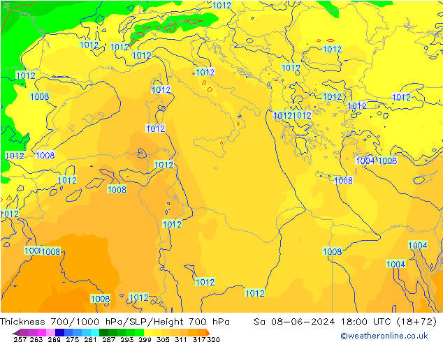 Espesor 700-1000 hPa ECMWF sáb 08.06.2024 18 UTC