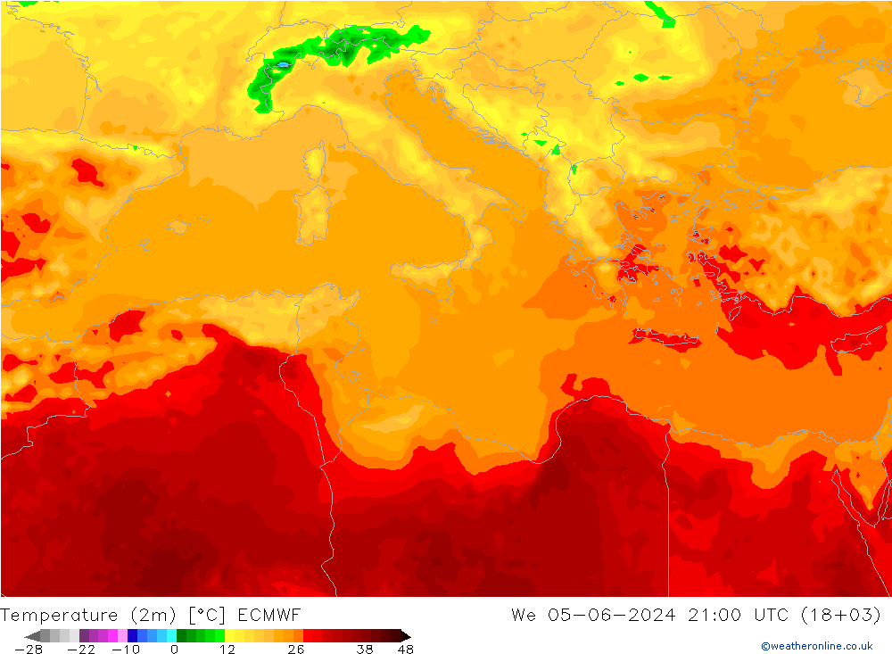 Temperatuurkaart (2m) ECMWF wo 05.06.2024 21 UTC
