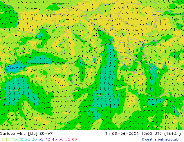 Vento 10 m ECMWF Qui 06.06.2024 15 UTC