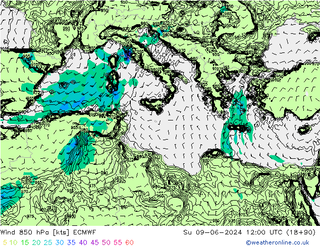 Wind 850 hPa ECMWF Su 09.06.2024 12 UTC