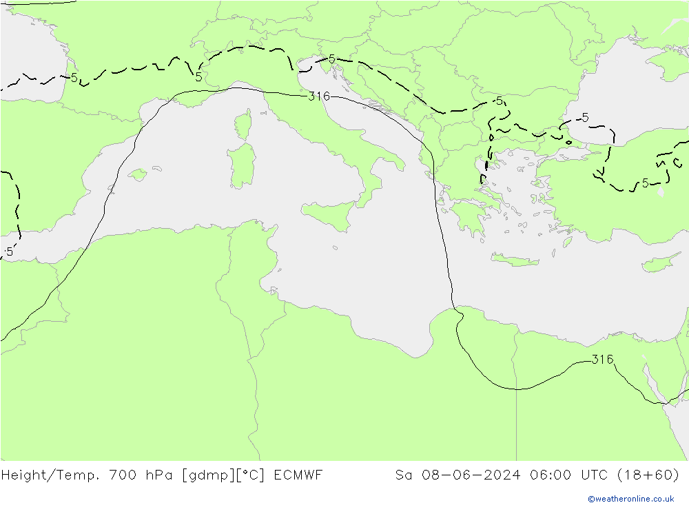 Height/Temp. 700 гПа ECMWF сб 08.06.2024 06 UTC