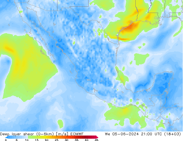 Deep layer shear (0-6km) ECMWF mié 05.06.2024 21 UTC