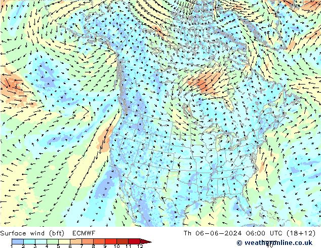 Vento 10 m (bft) ECMWF gio 06.06.2024 06 UTC