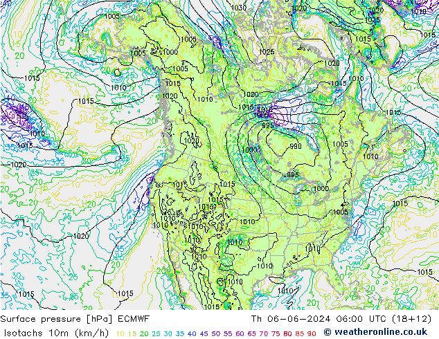 Isotachs (kph) ECMWF Čt 06.06.2024 06 UTC