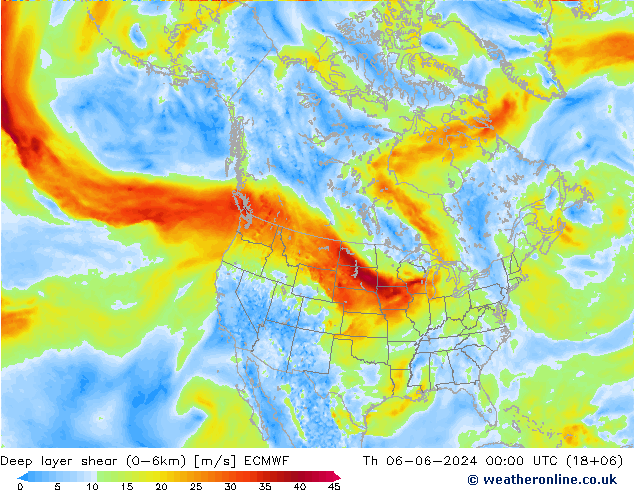 Deep layer shear (0-6km) ECMWF Čt 06.06.2024 00 UTC