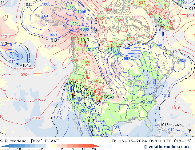 Druktendens (+/-) ECMWF do 06.06.2024 09 UTC