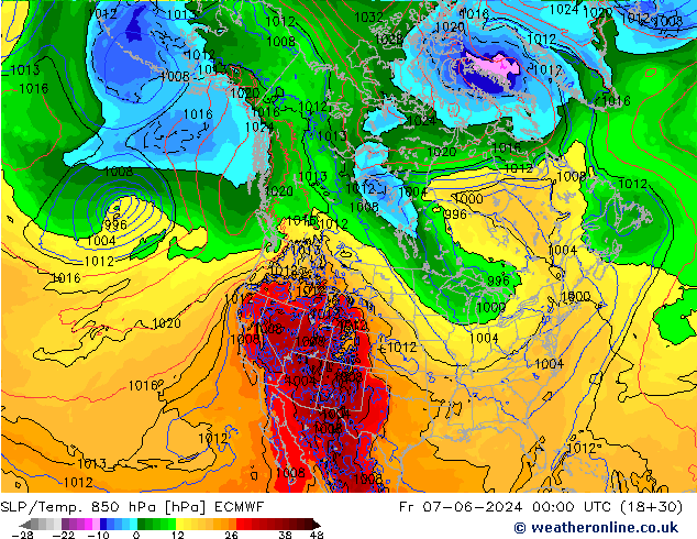 SLP/Temp. 850 гПа ECMWF пт 07.06.2024 00 UTC