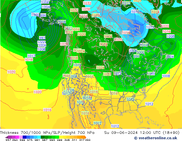 Schichtdicke 700-1000 hPa ECMWF So 09.06.2024 12 UTC