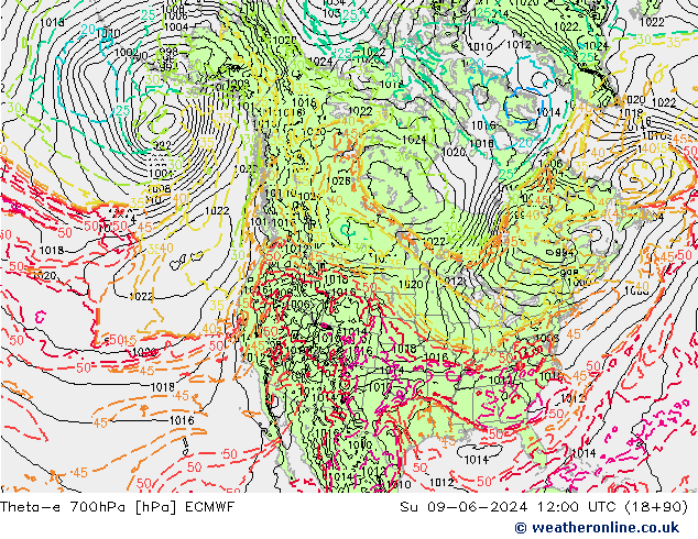 Theta-e 700hPa ECMWF Dom 09.06.2024 12 UTC