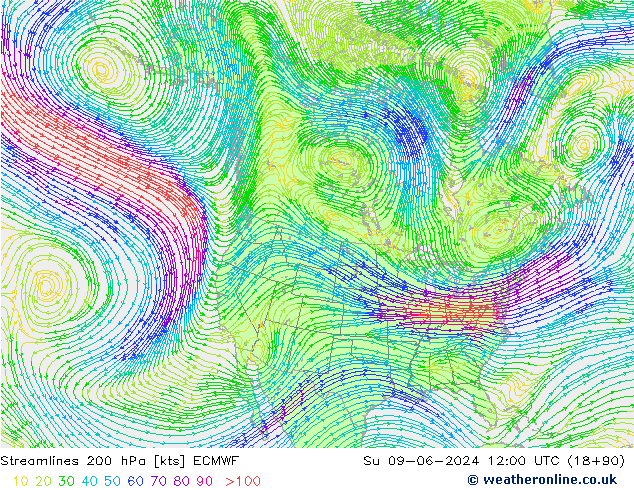 Streamlines 200 hPa ECMWF Su 09.06.2024 12 UTC