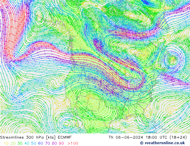 Línea de corriente 300 hPa ECMWF jue 06.06.2024 18 UTC