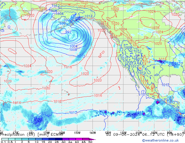 Precipitation (6h) ECMWF Su 09.06.2024 12 UTC