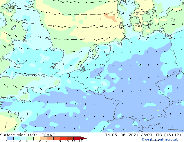 Viento 10 m (bft) ECMWF jue 06.06.2024 06 UTC