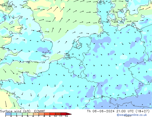 Surface wind (bft) ECMWF Th 06.06.2024 21 UTC
