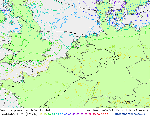 Isotachs (kph) ECMWF Su 09.06.2024 12 UTC