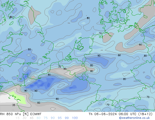 RH 850 hPa ECMWF Qui 06.06.2024 06 UTC