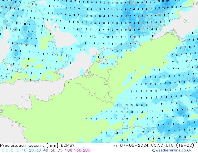 Totale neerslag ECMWF vr 07.06.2024 00 UTC