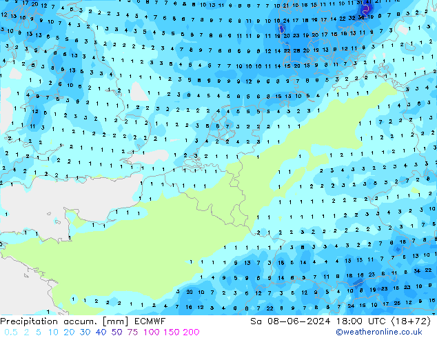 Precipitation accum. ECMWF Sáb 08.06.2024 18 UTC