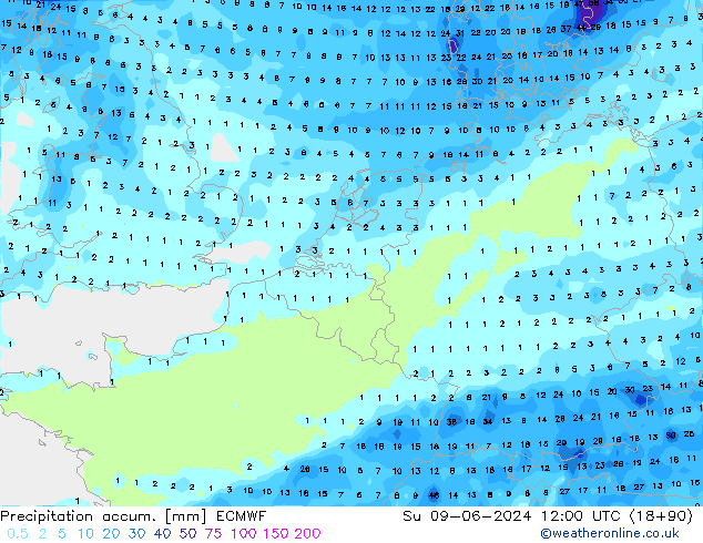 Precipitation accum. ECMWF Su 09.06.2024 12 UTC