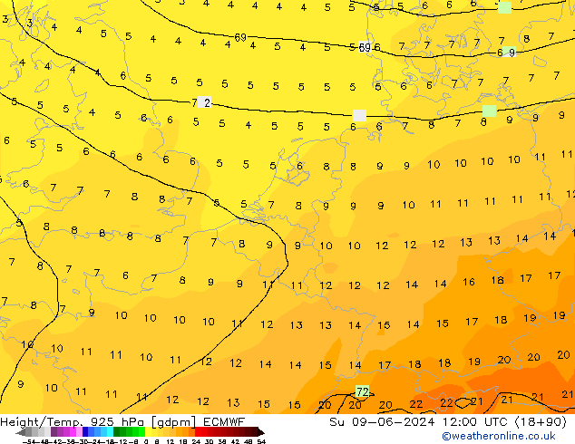 Height/Temp. 925 hPa ECMWF So 09.06.2024 12 UTC