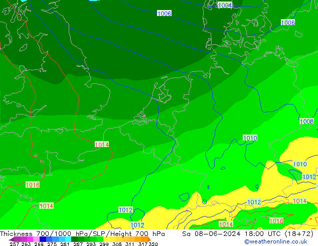 Schichtdicke 700-1000 hPa ECMWF Sa 08.06.2024 18 UTC