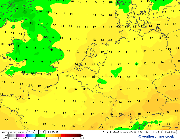 Temperature (2m) ECMWF Su 09.06.2024 06 UTC