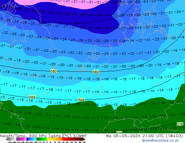 Height/Temp. 500 hPa ECMWF Mi 05.06.2024 21 UTC