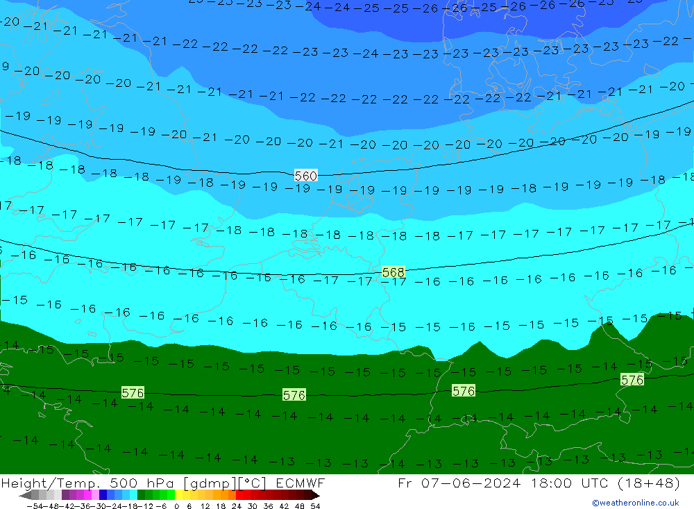 Height/Temp. 500 hPa ECMWF Sex 07.06.2024 18 UTC