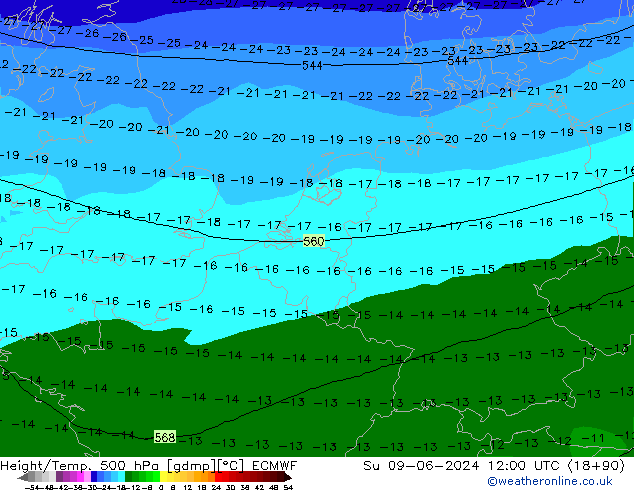 Height/Temp. 500 hPa ECMWF Su 09.06.2024 12 UTC