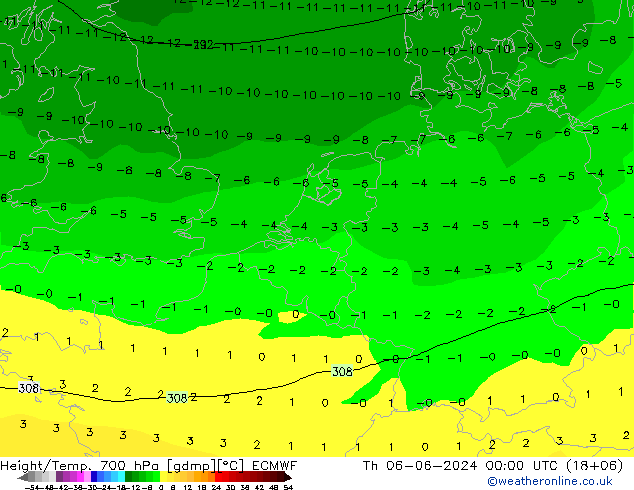 Height/Temp. 700 hPa ECMWF czw. 06.06.2024 00 UTC