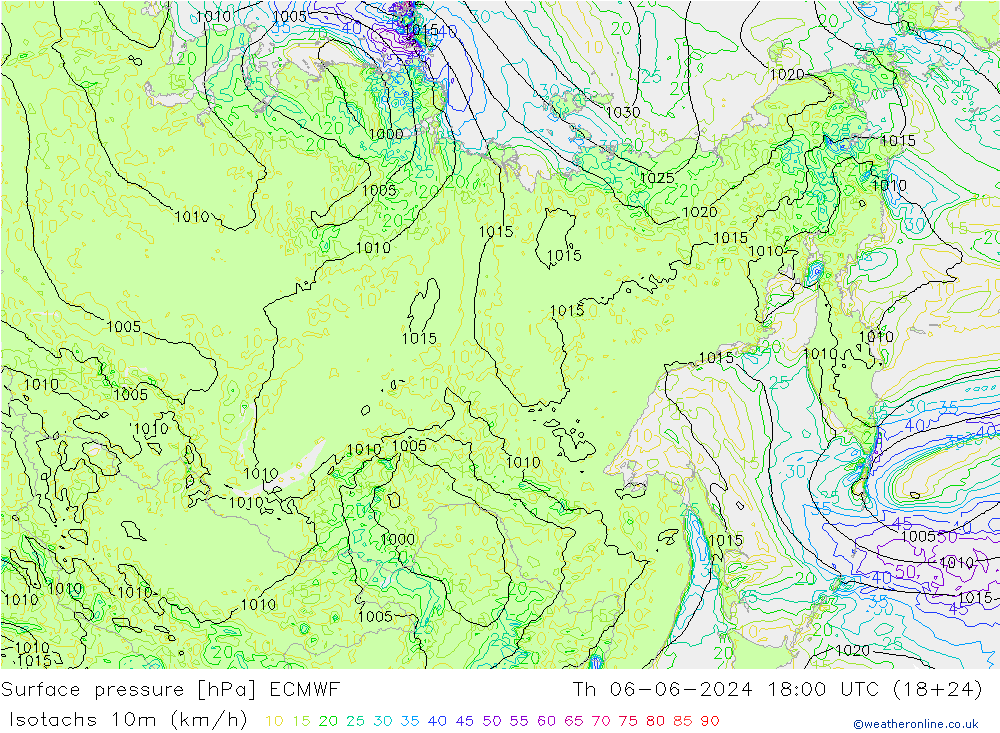 Isotachs (kph) ECMWF Th 06.06.2024 18 UTC