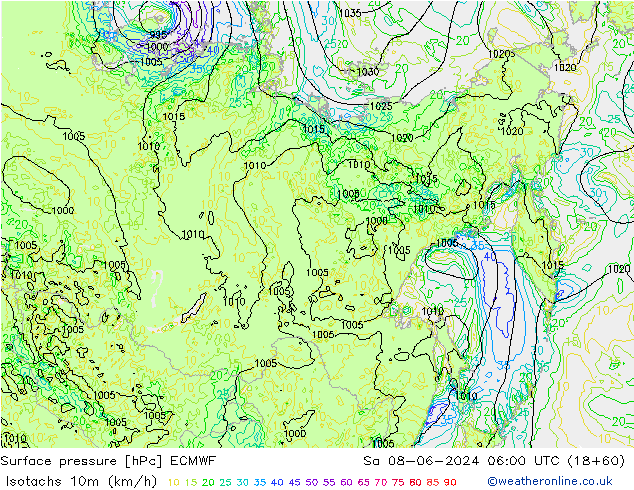 Eşrüzgar Hızları (km/sa) ECMWF Cts 08.06.2024 06 UTC