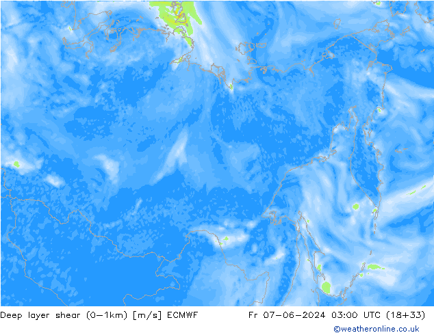 Deep layer shear (0-1km) ECMWF ven 07.06.2024 03 UTC