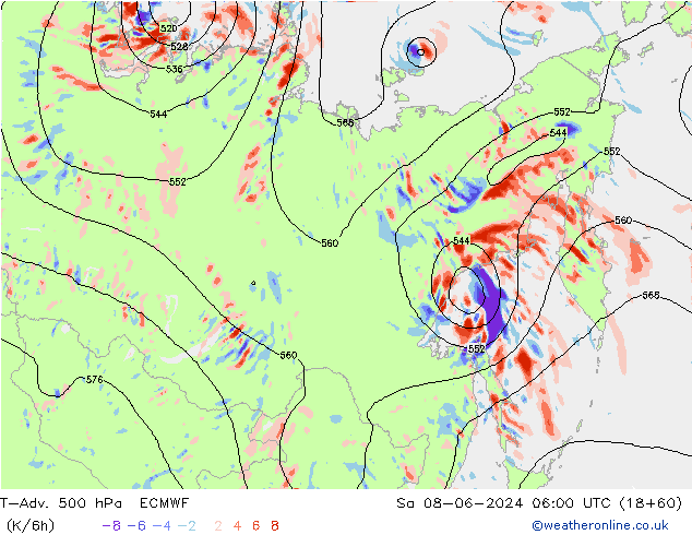 T-Adv. 500 гПа ECMWF сб 08.06.2024 06 UTC