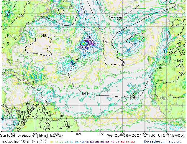 Isotachs (kph) ECMWF mer 05.06.2024 21 UTC