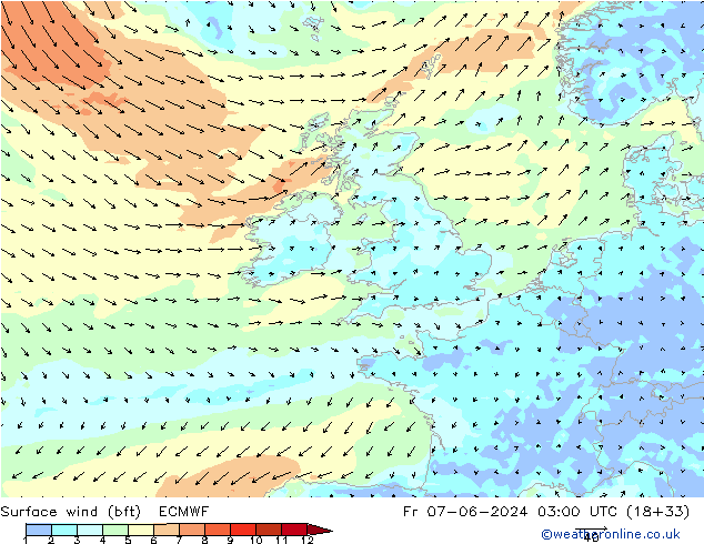 ве�Bе�@ 10 m (bft) ECMWF пт 07.06.2024 03 UTC