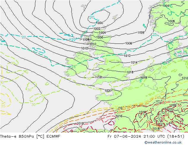 Theta-e 850hPa ECMWF Sex 07.06.2024 21 UTC