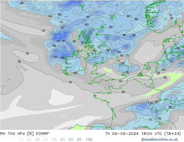 RH 700 hPa ECMWF czw. 06.06.2024 18 UTC