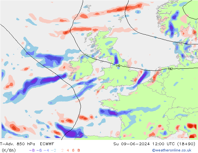 T-Adv. 850 hPa ECMWF Su 09.06.2024 12 UTC