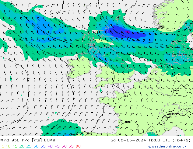 Vento 950 hPa ECMWF Sáb 08.06.2024 18 UTC