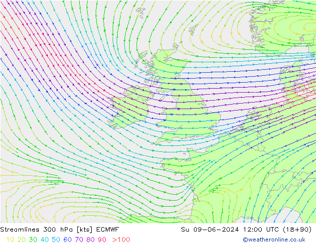 Linia prądu 300 hPa ECMWF nie. 09.06.2024 12 UTC