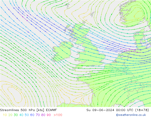 Streamlines 500 hPa ECMWF Su 09.06.2024 00 UTC