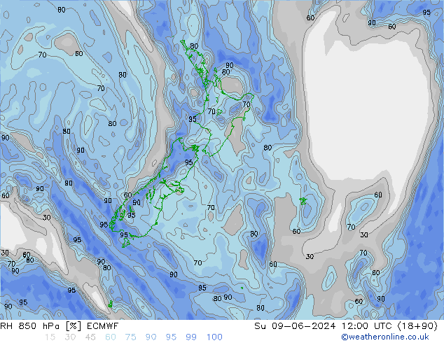 RH 850 hPa ECMWF nie. 09.06.2024 12 UTC