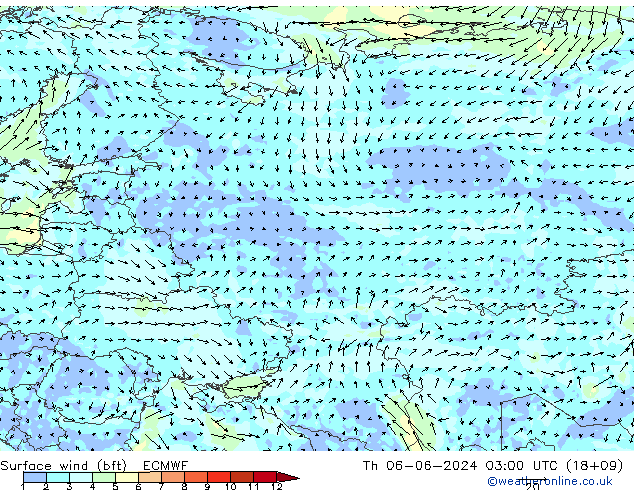 Rüzgar 10 m (bft) ECMWF Per 06.06.2024 03 UTC