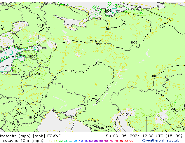 Isotachen (mph) ECMWF zo 09.06.2024 12 UTC